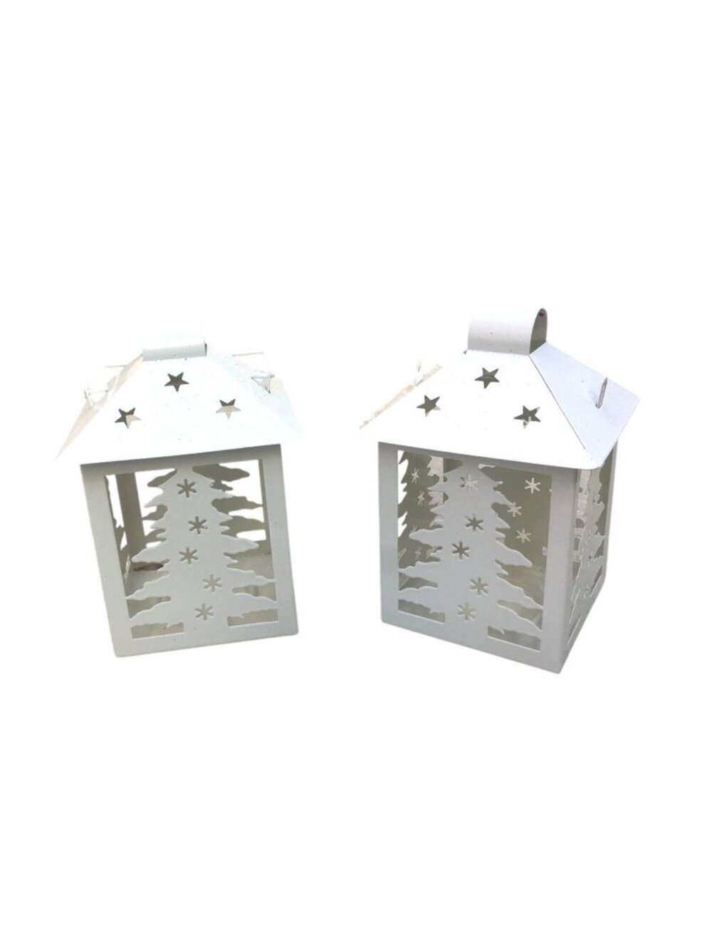SET OF 2 WHITE 5.5" LAMP HOUSE CHRISTMAS TREE SILHOUETTE LANTERN ORNAMENT
